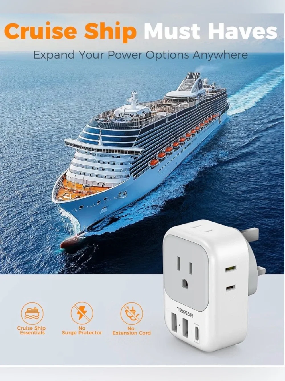 TESSAN UK Adapters for Travel, Type G Adaptor, 2 Pack 4 Outlets 3 USB, NEW
